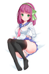 Rule 34 | 1girl, angel beats!, bad id, bad pixiv id, black thighhighs, blue sailor collar, blue skirt, bow, clothes lift, commentary, commentary request, english commentary, engrish commentary, feet, full body, green eyes, hair bow, hairband, korean commentary, libix, lifting own clothes, long hair, looking at viewer, panties, pleated skirt, purple hair, sailor collar, school uniform, serafuku, shinda sekai sensen uniform, simple background, sitting, skirt, skirt lift, solo, thighhighs, underwear, white background, white panties, nakamura yuri