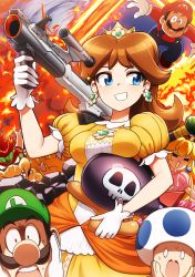 Rule 34 | 2boys, 2girls, :o, aircraft, airplane, angry, blonde hair, blue eyes, bomb, bomber (kirby), bowser, breast rest, breasts, brooch, brown hair, claws, clenched teeth, club (weapon), collar, crown, dress, earrings, explosion, explosive, facial hair, fire, flower earrings, frilled dress, frills, gem, glint, gloves, grin, gun, hand on own hip, hand up, hat, highres, holding, holding gun, holding weapon, jewelry, kirby (series), long hair, luigi, mario, mario (series), medium breasts, multiple boys, multiple girls, mustache, neck, nervous, nintendo, o o, open mouth, orange dress, overalls, pink dress, princess, princess daisy, princess peach, puffy short sleeves, puffy sleeves, red hair, rocket launcher, round teeth, scared, short hair, short sleeves, smile, sparkle, spiked collar, spikes, standing, super mario bros. 1, super mario land, super scope, super smash bros., sweat, takahashi umori, teeth, thighhighs, toad (mario), tomboy, tornado, upper body, upper teeth only, weapon, white gloves, yellow dress