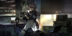 Rule 34 | 1girl, ar-15, black gloves, brown hair, character name, computer, desk, girls&#039; frontline, gloves, grey eyes, gun, highres, jacket, laptop, looking at viewer, open clothes, open jacket, rifle, scenery, single thighhigh, solo, st ar-15 (girls&#039; frontline), swd3e2, thighhighs, typewriter, weapon