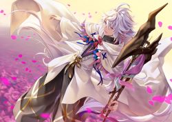 Rule 34 | 1boy, bishounen, commentary request, fate/grand order, fate (series), geroro, hood, long hair, male focus, merlin (fate/stay night), open mouth, petals, purple eyes, robe, smile, solo, staff, white hair, wide sleeves