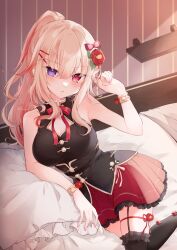 Rule 34 | 1girl, arm up, bangle, bare shoulders, black shirt, black thighhighs, blonde hair, bow, bracelet, breasts, cleavage, cleavage cutout, clothing cutout, commentary request, commission, flower, frilled thighhighs, frills, fukunoki tokuwa, hair between eyes, hair flower, hair ornament, twirling hair, heterochromia, highres, indie virtual youtuber, jewelry, kuze yukari, long hair, medium breasts, multicolored hair, nail polish, parted lips, pleated skirt, ponytail, purple eyes, red bow, red eyes, red flower, red hair, red nails, red skirt, shirt, skeb commission, skirt, sleeveless, sleeveless shirt, solo, streaked hair, thighhighs, twitter username, very long hair, virtual youtuber, watermark