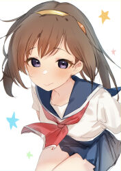 Rule 34 | 1girl, arms behind back, blue sailor collar, blue skirt, blush, brown hair, hairband, highres, long hair, looking at viewer, nanase narue, narue no sekai, neckerchief, pleated skirt, purple eyes, red neckerchief, sailor collar, sakieko, school uniform, serafuku, simple background, skirt, smile, solo, star (symbol), white background