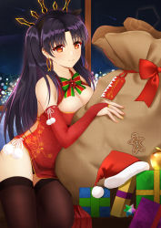 Rule 34 | 1girl, absurdres, alternate breast size, bad id, bad pixiv id, bare shoulders, black hair, black panties, black ribbon, black thighhighs, blurry, blush, bokeh, bow, bowtie, box, breasts, bridal gauntlets, china dress, chinese clothes, christmas, cleavage, cleavage cutout, closed mouth, clothing cutout, cowboy shot, depth of field, dress, earrings, fate/grand order, fate (series), flower, fur trim, gift, gift box, gingerbread man, glint, gloves, green bow, green bowtie, hair ornament, hair ribbon, hat, highres, hoop earrings, indoors, ishtar (fate), jewelry, large breasts, light blush, light smile, long hair, looking at viewer, medium breasts, merry christmas, multicolored nails, nail polish, night, night sky, panties, parted bangs, pelvic curtain, pom pom (clothes), red bow, red dress, red eyes, red flower, red gloves, red hat, red nails, ribbon, rko (a470350510), sack, saint quartz (fate), santa hat, shooting star, side slit, sky, sleeveless, sleeveless dress, smile, solo, star (sky), starry sky, striped, striped bow, tareme, thighhighs, thighs, tiara, two side up, underwear, unworn hat, unworn headwear, window, yellow nails