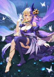 Rule 34 | 1girl, absurdres, akashic chronicle, asymmetrical hair, bare shoulders, blonde hair, blush, breasts, bug, butterfly, butterfly wings, calder (pixiv3698273), cleavage, detached sleeves, feet, flower, hair flower, hair ornament, highres, insect, insect wings, large breasts, legs, long hair, looking at viewer, lunox (akashic chronicle), lunox (akashic chronicle) (iridescent nocturne), multicolored hair, nature, open mouth, outdoors, pointy ears, purple eyes, purple hair, two-tone hair, two-tone wings, wings