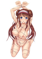 Rule 34 | 10s, 1girl, alternate color, armpits, arms up, barefoot, bdsm, blue eyes, blush, bondage, bound, breasts, brown hair, collarbone, creatures (company), double bun, game freak, groin, hair bun, hat, kishimen, large breasts, long hair, looking at viewer, nintendo, nipples, nude, open mouth, pokemon, pokemon bw2, pussy, rosa (pokemon), shiny skin, simple background, sitting, skindentation, solo, twintails, uncensored, very long hair, visor cap, wariza, white background