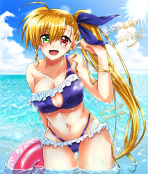 Rule 34 | 1girl, bikini, blonde hair, blue bikini, blue sky, blush, breasts, cloud, day, frilled bikini, frills, green eyes, highres, large breasts, long hair, looking at viewer, lyrical nanoha, mahou shoujo lyrical nanoha strikers, mahou shoujo lyrical nanoha vivid, navel, ocean, open mouth, outdoors, partially submerged, red eyes, san-pon, shiny skin, side ponytail, sky, solo, swimsuit, vivio, water, wet