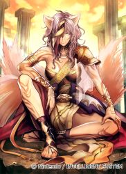 Rule 34 | 1girl, animal ears, arm guards, armlet, armor, company connection, copyright name, eyepatch, fire emblem, fire emblem: radiant dawn, fire emblem cipher, long hair, looking at viewer, nagahama megumi, nailah (fire emblem), nintendo, official art, outdoors, purple hair, sandals, serious, shoulder armor, sitting, solo, sunset, tail, tattoo, toeless legwear, wolf ears, wolf tail