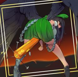 Rule 34 | 1girl, arm cannon, ass, asymmetrical footwear, bent over, between legs, bird wings, black footwear, black hair, black wings, bow, breasts, commentary, control rod, from behind, full body, green bow, green skirt, greenm, hair bow, kneepits, large breasts, long hair, looking at viewer, looking back, mismatched footwear, pleated skirt, puffy short sleeves, puffy sleeves, red eyes, reiuji utsuho, shirt, shoes, short sleeves, single shoe, skirt, solo, touhou, weapon, white shirt, wings