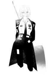 Rule 34 | 1girl, badge, collared shirt, don quixote (project moon), greyscale, limbus company, liyln02617464, long sleeves, looking at viewer, monochrome, necktie, pants, parted lips, project moon, shirt, shirt tucked in, short hair, simple background, smile, solo, sticker