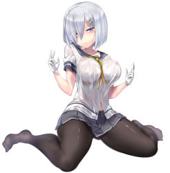 Rule 34 | 1girl, black pantyhose, blue eyes, breasts, commentary request, full body, gloves, grey sailor collar, grey skirt, hair ornament, hair over one eye, hairclip, hamakaze (kancolle), highres, kantai collection, large breasts, mamo williams, neckerchief, no bra, pantyhose, pleated skirt, sailor collar, school uniform, see-through, serafuku, short hair, short sleeves, silver hair, simple background, sitting, skirt, solo, wariza, wet, wet clothes, white background, white gloves, yellow neckerchief