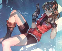 Rule 34 | 1girl, bare arms, belt, black shirt, black shorts, blue eyes, boots, breasts, brown hair, capcom, claire redfield, fingerless gloves, gloves, gun, hair between eyes, hand up, handgun, holding, holding gun, holding weapon, jet kimchrea, leg up, long hair, lying, medium breasts, on back, ponytail, red shorts, red vest, resident evil, shirt, shorts, solo, vest, weapon