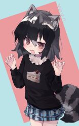 Rule 34 | 1girl, alternate costume, animal ears, black hair, black sweater, blue sky, blush, cake print, claw pose, collar, commentary request, common raccoon (kemono friends), cowboy shot, fang, frilled collar, frills, grey hair, highres, kemono friends, long sleeves, multicolored hair, nanana (nanana iz), open mouth, plaid, plaid skirt, pleated skirt, raccoon ears, raccoon girl, raccoon tail, short hair, skirt, sky, solo, sweater, tail, two-tone hair