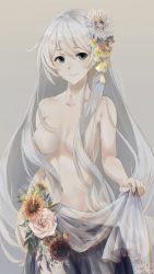 Rule 34 | 1girl, 2020, absurdres, blue eyes, breasts, cecilia schariac, cleavage, closed mouth, collarbone, dated, flower, grey background, groin, hair between eyes, hair censor, hair over breasts, highres, honkai (series), honkai impact 3rd, long hair, looking at viewer, medium breasts, navel, orange flower, orange rose, red flower, red rose, rose, see-through, sideboob, signature, silver hair, simple background, smile, solo, standing, swkl:d, topless, very long hair, yellow flower, yellow rose