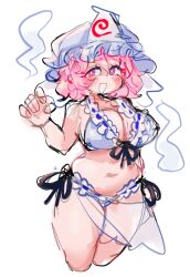 Rule 34 | bikini, breasts, cleavage, emerald kitty, hat, highres, large breasts, looking at viewer, midriff, open mouth, pink eyes, pink hair, saigyouji yuyuko, swimsuit, thick thighs, thighs, touhou