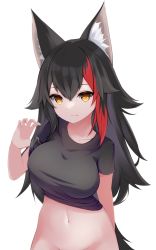 Rule 34 | 1girl, absurdres, animal ear fluff, animal ears, arm behind back, black hair, black shirt, breasts, closed mouth, clothes lift, dai okami kohei, groin, hair between eyes, hand up, highres, hololive, large breasts, long hair, looking at viewer, multicolored hair, navel, ookami mio, orange eyes, red hair, shirt, shirt lift, short sleeves, simple background, solo, streaked hair, tail, transparent background, upper body, virtual youtuber, white background, wolf ears, wolf girl, wolf tail