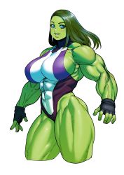 Rule 34 | abs, absurdres, animification, blue eyes, breasts, colored skin, commentary, green skin, highres, large breasts, leotard, looking at viewer, marvel, muscular, muscular female, she-hulk, simple background, solo, superhero costume, synecdoche, white background