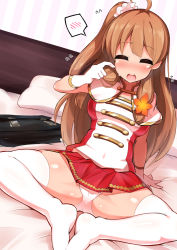 Rule 34 | 1girl, ahoge, arm support, bed, blush, breasts, briefcase, brown hair, capelet, closed eyes, dutch angle, flying sweatdrops, gloves, hair between eyes, hair ornament, hair scrunchie, hinabita, jakko, leaning back, long hair, medium breasts, nose blush, on bed, one side up, open mouth, panties, pillow, pleated skirt, red skirt, school briefcase, scrunchie, sitting, skirt, spoken blush, thighhighs, underwear, very long hair, white gloves, white panties, white thighhighs, yamagata marika