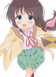 Rule 34 | 1girl, :d, blue eyes, blush, brown footwear, brown hair, brown jacket, collared shirt, commentary request, dress shirt, green skirt, hair ribbon, highres, holding, honda tamaki, jacket, kneehighs, loafers, long hair, neck ribbon, open mouth, pink ribbon, plaid, plaid skirt, pleated skirt, red ribbon, ribbon, shirt, shoes, sidelocks, simple background, sincos, skirt, smile, socks, solo, stella no mahou, very long hair, white background, white shirt, white socks