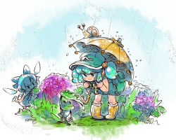 Rule 34 | 2girls, azito7, backpack, bag, bent over, blue dress, blue eyes, blue hair, boots, bow, cirno, dress, flower, frog, green eyes, green hair, hair bobbles, hair bow, hair ornament, hat, hydrangea, ice, ice wings, kawashiro nitori, leaf umbrella, multiple girls, pigeon-toed, rain, rubber boots, smile, snail, touhou, twintails, two side up, umbrella, wings