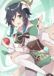 Rule 34 | :d, apple, blue hair, blush, braid, brown corset, brown footwear, brown vest, collar, commentary request, corset, food, fruit, genshin impact, green collar, green eyes, green headwear, green shorts, highres, holding, holding food, holding fruit, long hair, long sleeves, looking at viewer, nghbr, open mouth, pantyhose, shorts, sidelocks, smile, solo, twin braids, venti (genshin impact), vest, white pantyhose, white shorts