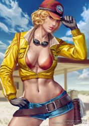 Rule 34 | 10s, 1girl, adjusting clothes, adjusting headwear, artist name, baseball cap, belt, bikini, black-framed eyewear, black gloves, blonde hair, blue shorts, blue sky, breasts, breasts apart, cidney aurum, cloud, cloudy sky, collarbone, contrapposto, cropped jacket, dated, day, denim, denim shorts, deviantart username, dirty, eyelashes, final fantasy, final fantasy xv, gloves, goggles, goggles around neck, green eyes, hand on own hip, hat, jacket, lips, long sleeves, looking at viewer, medium breasts, navel, nose, outdoors, parted lips, partially unzipped, patreon, patreon username, pouch, realistic, red bikini, red hat, short hair, short shorts, shorts, sky, solo, square enix, standing, sunlight, swimsuit, unzipped, watermark, wavy hair, web address, yellow jacket, zumi (zumidraws)