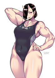 Rule 34 | 1girl, arm behind head, black hair, black one-piece swimsuit, blush, breasts, cleavage, competition swimsuit, covered navel, cowboy shot, earrings, elf-san wa yaserarenai., fang, hair over one eye, hand on own hip, highres, horns, jewelry, large breasts, muscular, muscular female, oga (elf-san wa yaserarenai.), one-piece swimsuit, oni, oni horns, red eyes, ryuusei (mark ii), short hair, signature, slit pupils, solo, swimsuit, thick thighs, thighs