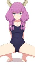 Rule 34 | 1girl, absurdres, arms behind back, aura (sousou no frieren), barefoot, blue eyes, blue one-piece swimsuit, braid, breasts, camui1104, demon girl, demon horns, feet, highres, horns, long hair, looking at viewer, one-piece swimsuit, parted lips, purple hair, simple background, solo, sousou no frieren, spread legs, squatting, straight-on, swimsuit, thighs, tiptoes, toes, white background