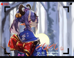 Rule 34 | 1girl, 2020, :/, animal ears, back bow, bell, black hair, blush, bow, chinese zodiac, english text, fake animal ears, floral print, gold trim, hair bell, hair between eyes, hair bow, hair ornament, highres, horns, japanese clothes, jingle bell, kimono, light purple hair, long hair, looking at viewer, looking back, mole, mole under mouth, mouse ears, multicolored hair, new year, nijisanji, obi, oni, pointy ears, pom pom (clothes), ponytail, pov, print kimono, purple eyes, recording, rindou mikoto, sash, short eyebrows, sidelocks, skin-covered horns, solo, streaked hair, super h2o, thick eyebrows, upper body, viewfinder, virtual youtuber, wide sleeves, year of the rat