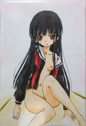 Rule 34 | 1girl, absurdres, ashigaki radar, barefoot, black hair, black shirt, black skirt, bottomless, breasts, enma ai, highres, jigoku shoujo, long hair, long sleeves, looking at viewer, navel, neckerchief, nipples, one breast out, open clothes, open shirt, parted lips, partially visible vulva, pussy, red eyes, red neckerchief, school uniform, shirt, sitting, skirt, small breasts, teeth, undone neckerchief, white background