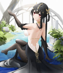 Rule 34 | 1girl, absurdres, arm support, azur lane, backless dress, backless outfit, bare back, bare shoulders, black dress, black gloves, black hair, breasts, brown pantyhose, butterfly hair ornament, chen hai (azur lane), chen hai (cerulean ripples) (azur lane), circlet, closed mouth, dress, elbow gloves, feet, frills, from behind, glint, gloves, gold choker, hair ornament, hand up, highres, jewelry, knees together feet apart, large breasts, legs, long dress, long hair, looking at viewer, looking back, median furrow, neck ring, no shoes, official alternate costume, pantyhose, pelvic curtain, plant, potted plant, qing wu, red eyes, sideboob, sitting, solo, water