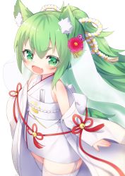 Rule 34 | 1girl, :d, animal ear fluff, animal ears, azur lane, bare shoulders, bell, commentary request, fang, flower, folded fan, folding fan, garter straps, green eyes, green hair, hair between eyes, hair flower, hair ornament, hand fan, highres, isokaze (azur lane), japanese clothes, jingle bell, kimono, kokone (coconeeeco), long hair, long sleeves, looking at viewer, obi, off shoulder, open mouth, ponytail, purple flower, red flower, sash, simple background, sleeveless, sleeveless kimono, sleeves past wrists, smile, solo, thick eyebrows, thighhighs, very long hair, white background, white kimono, white thighhighs, wide sleeves