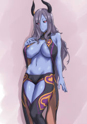Rule 34 | 1girl, areola slip, bare shoulders, black hair, black sclera, blue skin, breasts, chaps, colored sclera, colored skin, dark areolae, demon girl, eyes visible through hair, flootier, groin, hair over one eye, highres, horns, huge breasts, long hair, looking at viewer, navel, nipples, obmas, pointy ears, red eyes, solo, summon night, summon night 5