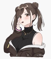 Rule 34 | 0-toki, 1girl, absurdres, bare shoulders, black shirt, blush, breasts, brown eyes, brown hair, brown jacket, chocolate, double bun, eating, hair bun, hair ornament, hairpin, highres, idolmaster, idolmaster shiny colors, jacket, jewelry, large breasts, long hair, long sleeves, looking at viewer, necklace, off shoulder, open mouth, shirt, simple background, sleeveless, sleeveless shirt, solo, sonoda chiyoko, twintails, white background