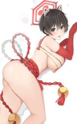 Rule 34 | 1girl, absurdres, animal ears, ass, bare shoulders, bell, black eyes, black hair, blue archive, blush, breasts, commentary, elbow gloves, gloves, hair between eyes, halo, highres, jingle bell, large breasts, looking at viewer, lying, microskirt, on stomach, open mouth, red gloves, red sailor collar, red skirt, rope, sailor collar, short hair, sideboob, simple background, skindentation, skirt, solo, sweat, tassel, thighs, tsubaki (blue archive), xubai