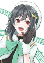 Rule 34 | 1girl, black gloves, black hair, bow, capelet, colorful dreams! colorful smiles! (love live!), earmuffs, fang, fur-trimmed capelet, fur trim, gloves, green bow, hair ribbon, hat, highres, looking at viewer, love live!, love live! nijigasaki high school idol club, mifune shioriko, open mouth, red eyes, ribbon, siftsubo, solo, staff (music), upper body, white capelet, white hat, yellow ribbon