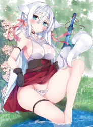 Rule 34 | 1girl, animal ear fluff, animal ears, arm strap, armpits, bare legs, bare shoulders, barefoot, black gloves, blue eyes, blush, breasts, choker, cleavage, clothes lift, dengeki moeou, flower, fox ears, fox girl, fox tail, gloves, hair between eyes, hair ribbon, highres, knee up, large breasts, lifted by self, long hair, looking at viewer, original, panties, planted, red skirt, ribbon, satsuki mayuri, shirt, sitting, skirt, skirt lift, sleeveless, sleeveless shirt, solo, sword, tail, tail ornament, tail ribbon, thigh strap, thighs, underbust, underwear, very long hair, water, weapon, wet, wet clothes, wet shirt, white flower, white hair, white panties, white shirt
