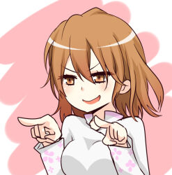 Rule 34 | 1girl, brown eyes, brown hair, commentary request, dress, floral print, hair between eyes, hands up, i.u.y, light blush, long sleeves, medium hair, misaka worst, open mouth, pink background, pointing, smile, solo, toaru majutsu no index, toaru majutsu no index: new testament, upper body, v-shaped eyebrows, vietnamese dress, white dress