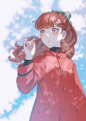 Rule 34 | 1girl, 2022, bow, brown eyes, coat, dated, floating hair, green bow, hair bow, highres, long hair, long sleeves, parted lips, persona, persona 5, persona 5 the royal, plaid, plaid bow, red coat, red hair, sageo yn, solo, yoshizawa kasumi