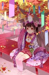 Rule 34 | 1girl, :&lt;, animal, animal on head, arm up, brown hair, floral print, flower, hair flower, hair ornament, hexagon, highres, japanese clothes, leaf, long hair, maple leaf, new year, obi, on head, original, paper, patterned, pink thighhighs, red eyes, sash, seigaiha, sitting, smile, soaking feet, solo, thighhighs, tree, twintails, ushi (newrein), water, wooden beam