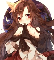 Rule 34 | 1girl, animal ears, asada sadao, bad id, bad twitter id, bare shoulders, blush, brown hair, collarbone, crescent moon, dress, imaizumi kagerou, long hair, long sleeves, looking at viewer, moon, mouth hold, off shoulder, red eyes, solo, tail, touhou, upper body, wide sleeves, wolf ears, wolf tail