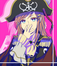 Rule 34 | 1girl, ascot, bad id, bad pixiv id, blue eyes, epaulettes, grin, hair ornament, hairclip, hand on own face, hat, kantomu, katou marika, long hair, miniskirt pirates, pink hair, pirate hat, smile, solo