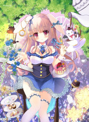 Rule 34 | 1girl, :o, animal, animal ears, bare shoulders, blue flower, blue neckwear, blue rose, blue skirt, blush, book, braid, breasts, brown hair, cake, card, cleavage, club (shape), collar, commentary request, cup, detached collar, diamond (shape), flower, food, frilled skirt, frills, heart, long hair, macaron, medium breasts, off-shoulder shirt, off shoulder, open book, original, parted lips, playing card, rabbit, rabbit ears, red eyes, rose, saucer, shirt, skirt, solo, tea, teacup, teapot, thighhighs, tiered tray, twitter username, very long hair, white collar, white shirt, white thighhighs, yuutsuki hina