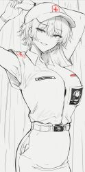 Rule 34 | 1girl, absurdres, armpits, belt, breast pocket, breasts, collared shirt, commentary request, greyscale, hat, highres, indonesian commentary, indonesian flag, indonesian high school uniform, large breasts, looking at viewer, mole, mole on armpit, monochrome, nova puspita s (vloodozer), original, pocket, school uniform, shirt, short hair, sidelocks, sketch, skirt, smile, solo, upper body, vloodozer, wristband