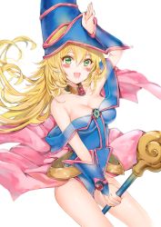 Rule 34 | 1girl, :d, absurdres, arm up, bare shoulders, between legs, blonde hair, blush, blush stickers, breasts, choker, cleavage, collarbone, commentary request, cowboy shot, dark magician girl, detached sleeves, duel monster, gem, green eyes, hair between eyes, hat, highres, holding, large breasts, long hair, looking at viewer, open mouth, pentacle, simple background, smile, solo, staff, white background, wizard hat, yu-gi-oh!, yukineko1018