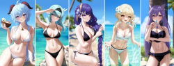 Rule 34 | 5girls, :d, absurdres, ahoge, alternate costume, aqua hair, arm support, arm under breasts, arm up, armpits, artist name, asymmetrical hair, beach, bikini, black bikini, black hairband, blonde hair, blue hair, blue sky, blunt bangs, blurry, blurry background, blush, braid, breasts, choker, cleavage, closed mouth, coconut, collage, collarbone, commentary, commentary request, cone hair bun, cowboy shot, day, dot nose, drink, drinking straw, earrings, eula (genshin impact), expressionless, feather hair ornament, feathers, flower, food, food in mouth, frilled bikini, frills, fruit cup, ganyu (genshin impact), genshin impact, gluteal fold, goat horns, groin, hair between eyes, hair bun, hair flower, hair ornament, hair tassel, hairband, halterneck, hammock, hand up, highres, holding, holding drink, holding food, holding hair, horns, jewelry, keqing (genshin impact), kohanayuki, large breasts, leaning forward, long hair, looking at viewer, low-braided long hair, low-tied long hair, lumine (genshin impact), medium breasts, medium hair, mole, mole under eye, multicolored eyes, multiple girls, navel, necklace, ocean, open mouth, outdoors, palm tree, parted lips, popsicle, popsicle in mouth, purple choker, purple eyes, purple flower, purple hair, raiden shogun, rock, sand, shading eyes, short hair with long locks, side-tie bikini bottom, sidelocks, sitting, skindentation, sky, smile, splashing, standing, stomach, strap gap, string bikini, sweat, swimsuit, tassel, tassel choker, tassel hair ornament, teeth, thigh gap, thighs, tree, twintails, very long hair, wading, water, wet, wet hair, white bikini, white flower, wringing hair, yellow eyes