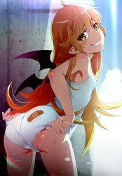 Rule 34 | 1girl, adjusting clothes, adjusting swimsuit, ass, bandaid, bandaid on ass, bat wings, blonde hair, blush stickers, dripping, fang, from behind, gesugesu ahoaho, grin, highres, long hair, looking at viewer, looking back, monogatari (series), one-piece swimsuit, oshino shinobu, pointy ears, shiny skin, smile, solo, standing, swimsuit, teeth, vampire, very long hair, water drop, wet, white one-piece swimsuit, wings, yellow eyes