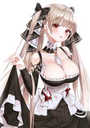Rule 34 | 1girl, absurdres, azur lane, bare shoulders, between breasts, black dress, blush, breasts, buri (retty9349), cleavage, dress, earrings, formidable (azur lane), frilled dress, frills, hair ribbon, highres, jewelry, large breasts, light brown hair, long hair, long sleeves, looking at viewer, red eyes, revision, ribbon, rigging, simple background, skirt hold, solo, twintails, two-tone dress