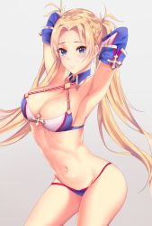 Rule 34 | 1girl, armpits, bad id, bad pixiv id, bikini, blonde hair, blue eyes, blush, bradamante (fate), bradamante (third ascension) (fate), braid, breasts, cleavage, cowboy shot, criss-cross halter, crown braid, detached collar, elbow gloves, fate/grand order, fate (series), french braid, gloves, grey background, halterneck, highres, large areolae, large breasts, long hair, looking at viewer, navel, parted bangs, simple background, solo, stomach, swimsuit, twintails, very long hair, yamiiv