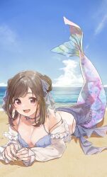 Rule 34 | 1girl, bare shoulders, beach, blue sky, breasts, brown hair, cleavage, day, double bun, hair bun, highres, idolmaster, idolmaster shiny colors, jewelry, large breasts, long hair, looking at viewer, lying, mermaid, monster girl, necklace, ocean, off shoulder, on stomach, outdoors, pearl necklace, pekoni (peconi), pink eyes, purple tail, sky, solo, swept bangs, tsukioka kogane, wet, yellow nails
