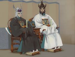 Rule 34 | 1boy, 1girl, black hair, blue eyes, brother and sister, chinese clothes, closed mouth, crown, footrest, hands in opposite sleeves, highres, long sleeves, looking at viewer, miao ying, mossacannibalis, shoes, siblings, sitting, sleeves past fingers, sleeves past wrists, throne, warhammer fantasy, white hair